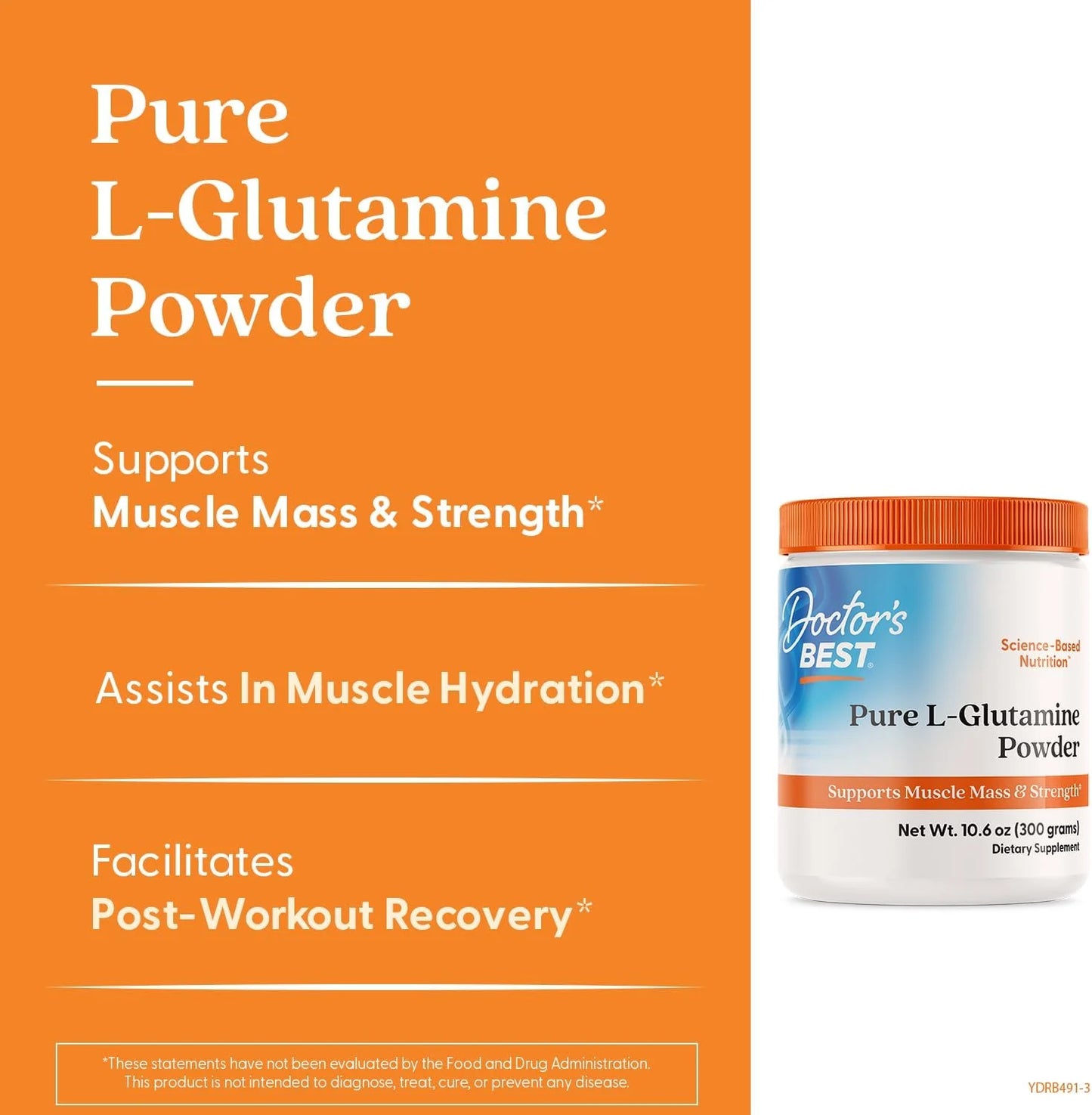 Doctors Best Pure L-Glutamine Powder, Supports Muscle Mass & Strength, Non-Gmo, Gluten Free, Soy Free, Vegan Net Wt. 10.6 Oz (300 Grams)