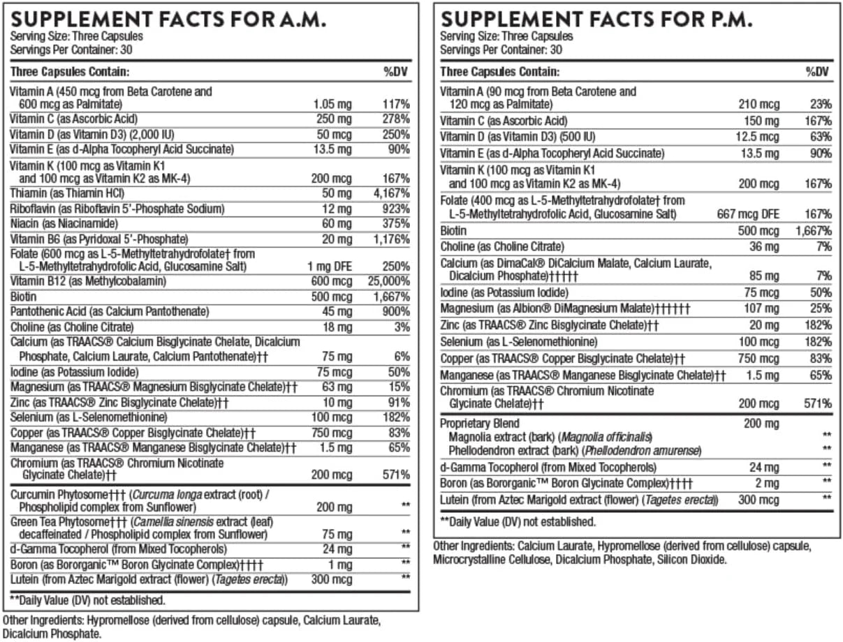 THORNE - Multi-Vitamin Elite - Daily Nutritional Supplement - AM Formula Supports Cellular Energy Production &PM Formula Supports Restful Sleep* - Gluten-Free, Dairy-Free - 180 Capsules - 30 Servings