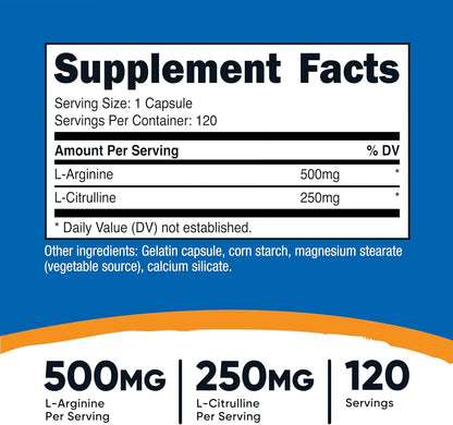 Nutricost L-Arginine L-Citrulline Complex 750Mg, 120 Capsules - Non-Gmo