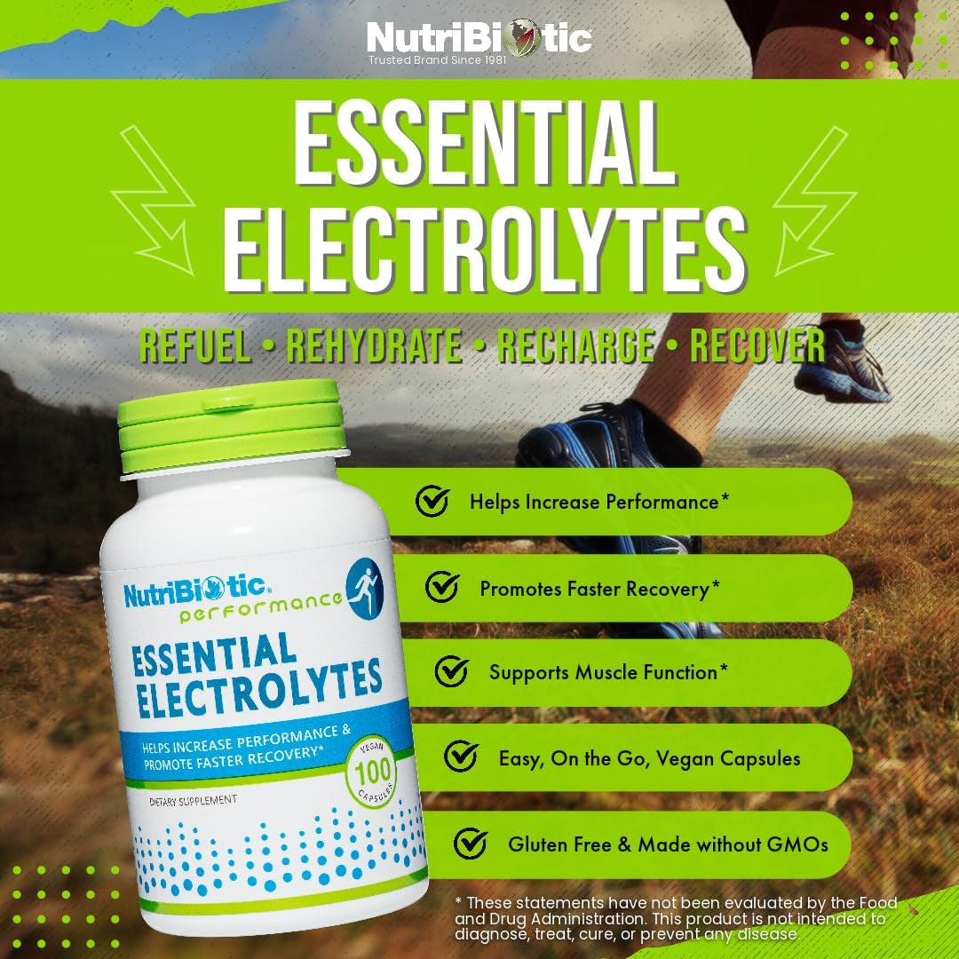 Nutribiotic Essential Electrolytes, 100 Ct Capsules | Supports Increased Performance & Faster Recovery | Pharmaceutical Grade Vitamin C with Electrolytes for Rehydration | Vegan, Gluten-Free & Non-Gmo
